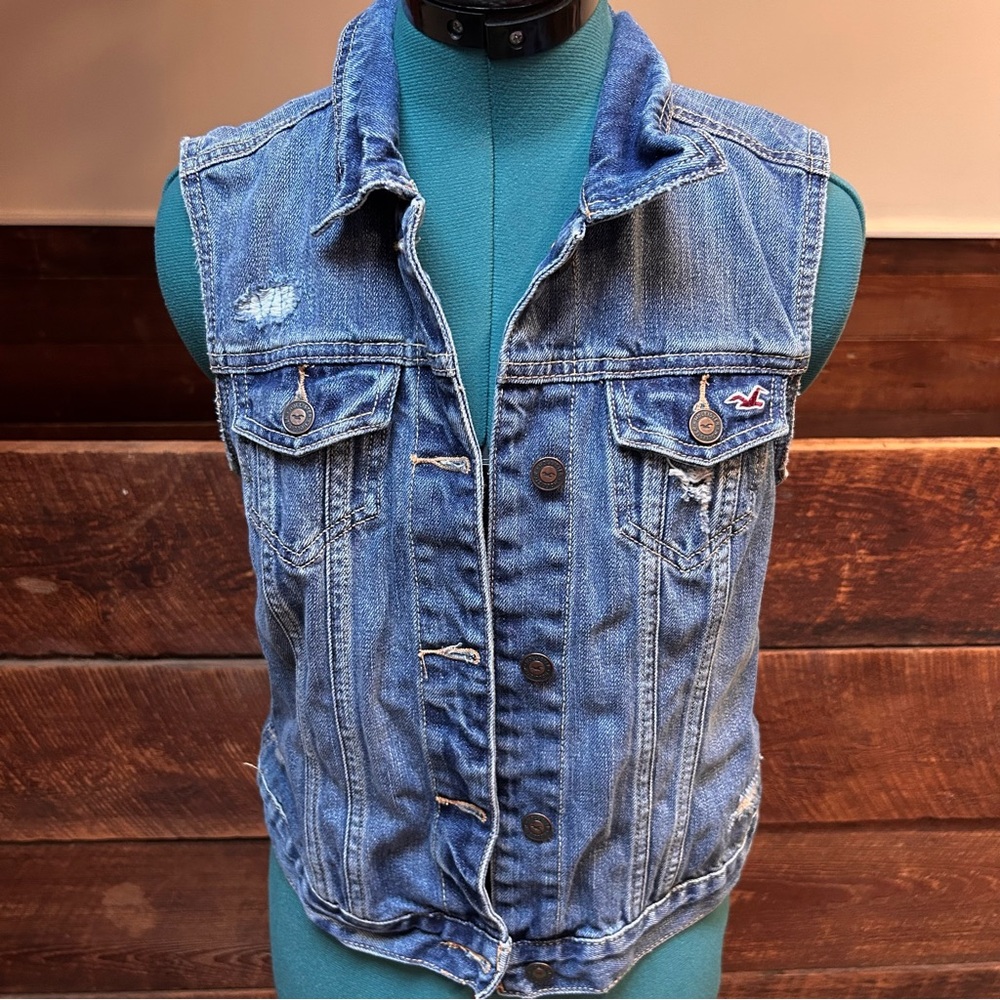 Hollister Vintage Distressed Button Down Denim Vest - 90’s Grunge / Preppy Y2K